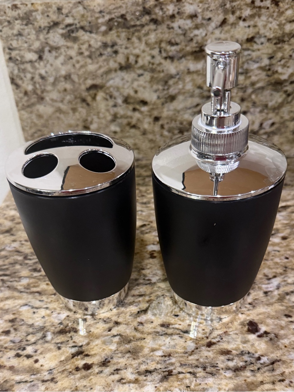 Black and Chrome Bathroom Accessory Set - Soap Dispenser & Toothbrush Holder